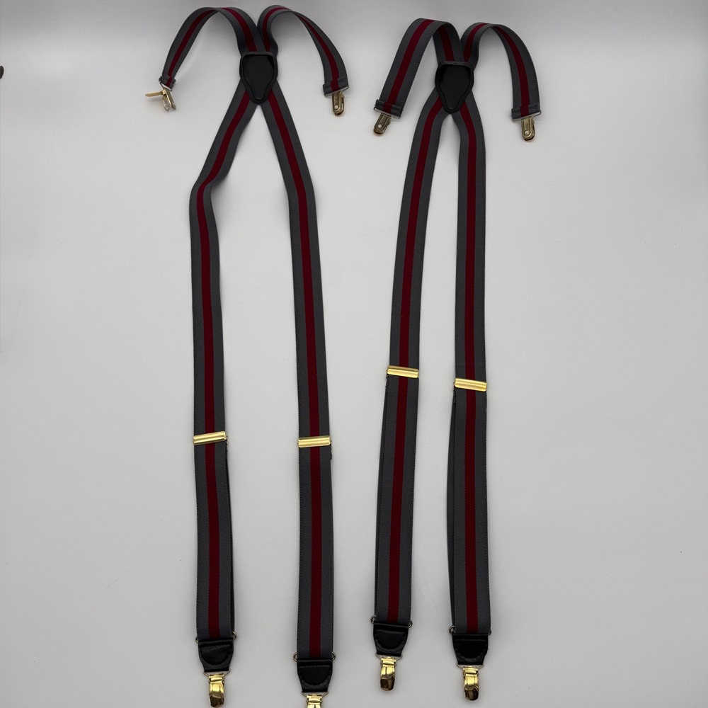 Lot of 2 Pelican USA Y-Back Clip-On Suspenders Gray/Burgundy Stripe Adjust. 43"